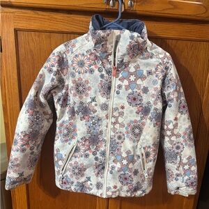 Roxy Kids Floral Puffer Ski Jacket - White and Blue, Pink